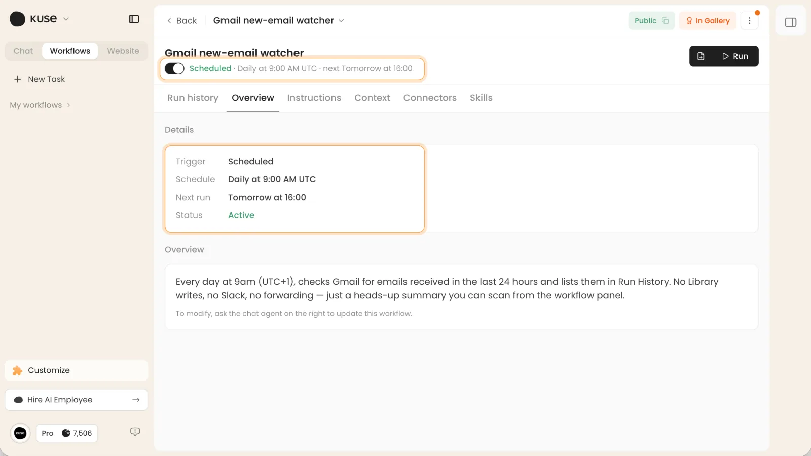 A scheduled Kuse Workflow showing its recurrence, next run, and active status