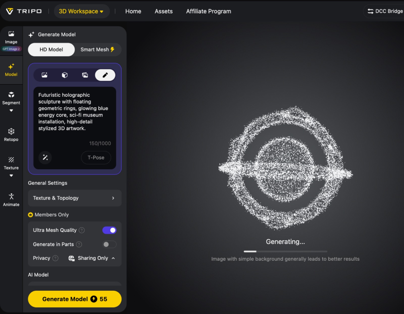 Tripo Studio generating a futuristic holographic sculpture from a text prompt