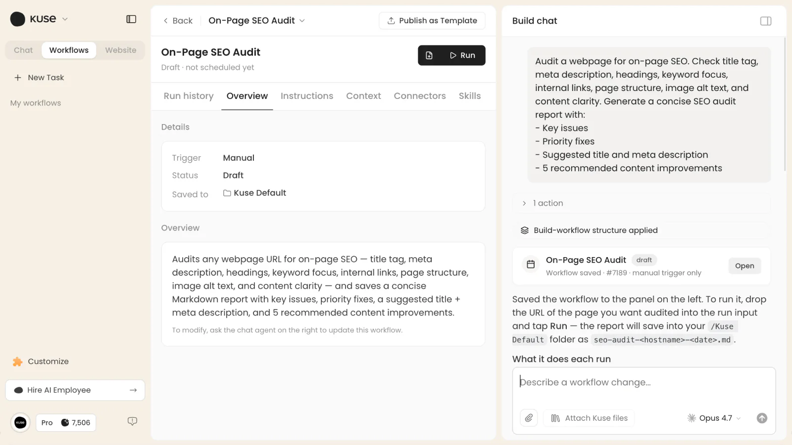 作成に使ったbuild chatの横に表示された、生成済みのKuse Workflow下書き