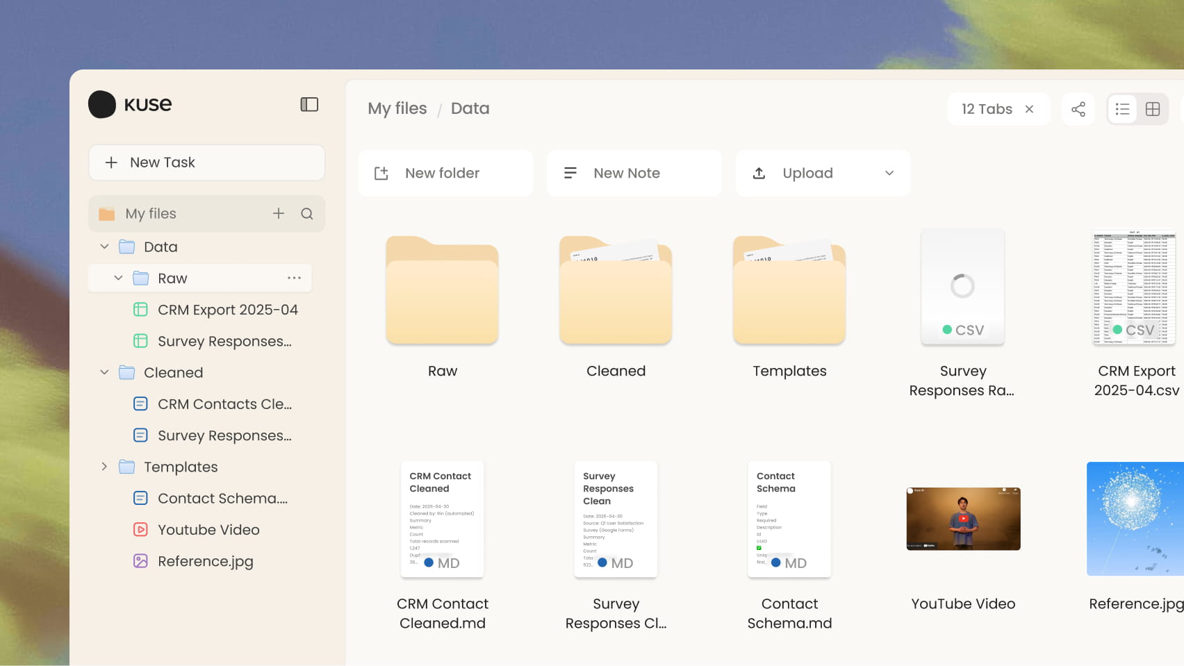 Kuse file system interface showing organized folders and documents