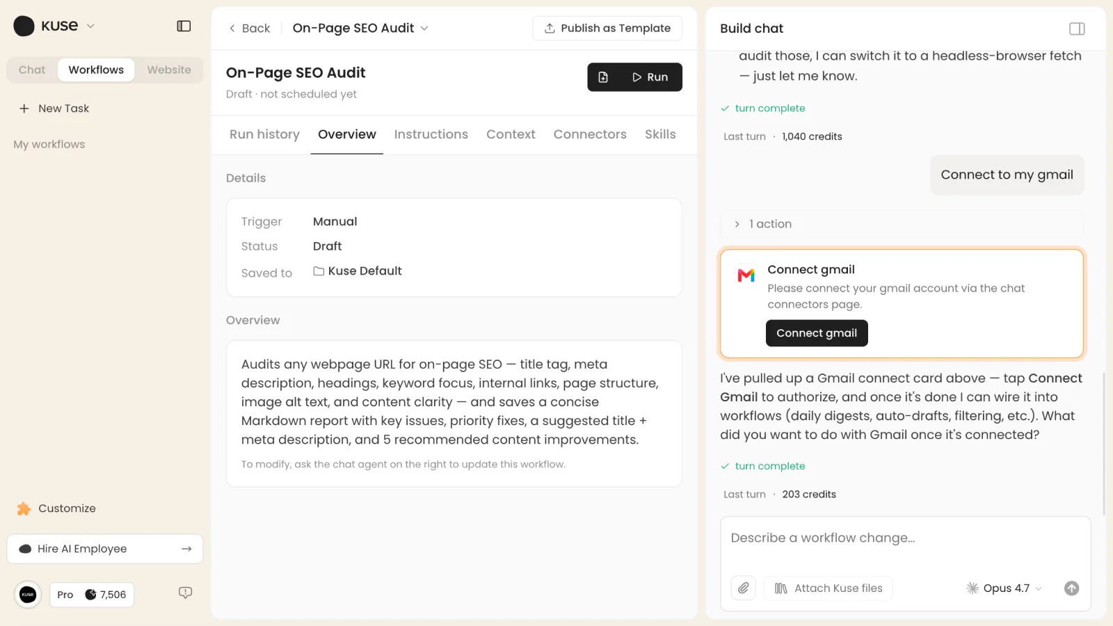 Gmail Connector authorization card shown in a Kuse Workflow build chat