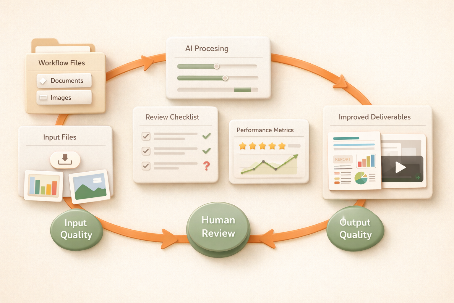 AI workflow optimization workspace with metrics, review loops, and improved outputs