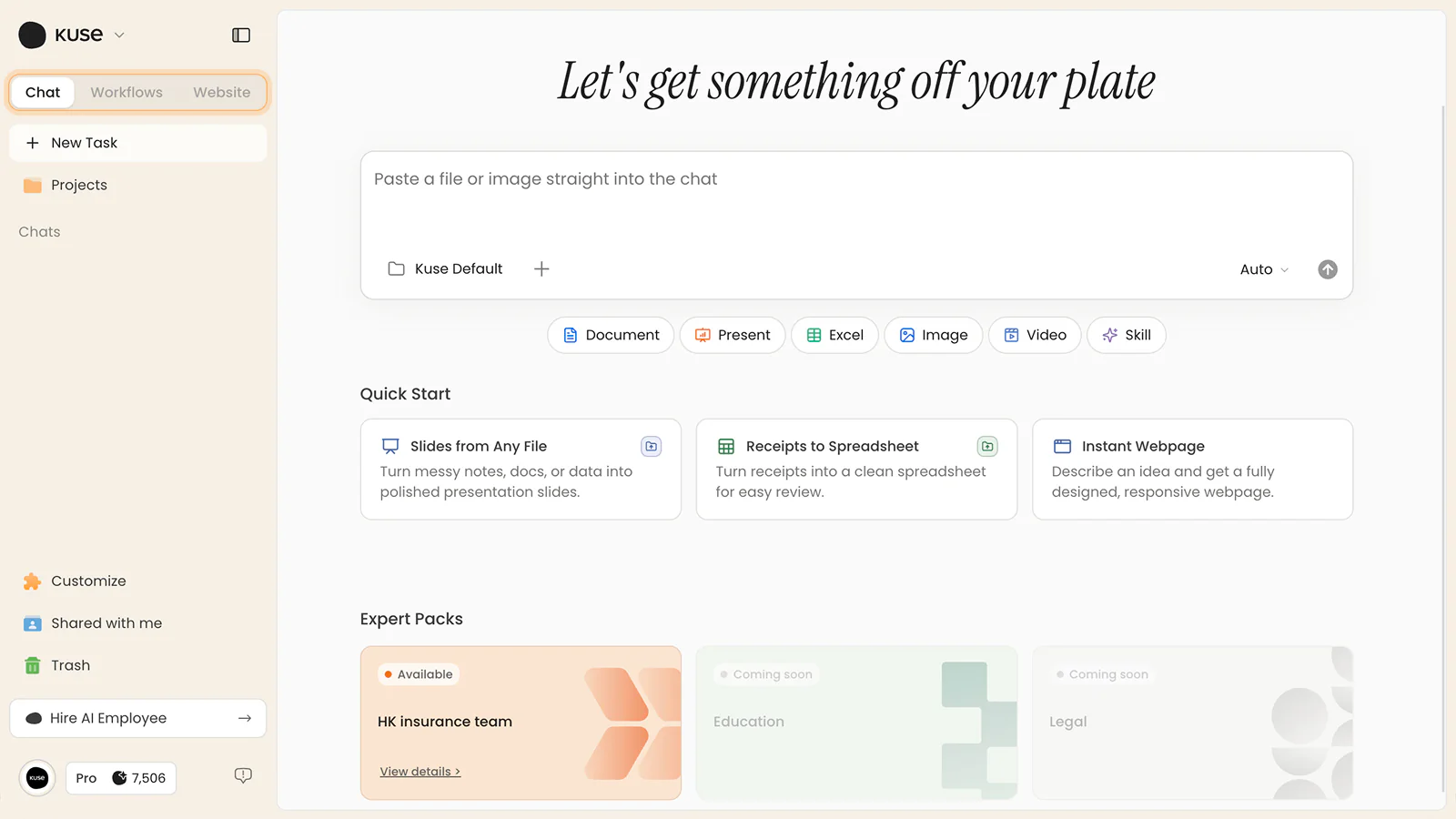 Kuse sidebar with the Chat, Workflows, and Website tabs highlighted above the workspace