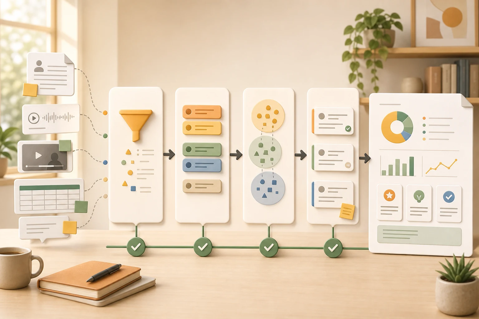 Customer feedback workflow producing categorized themes and a weekly insight report