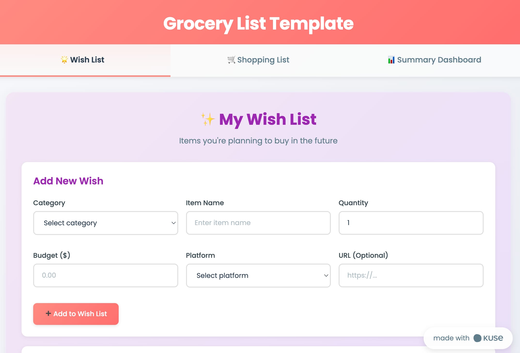 wish list of grocery list template