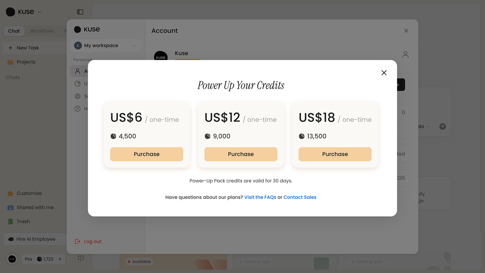 価格、クレジット数、購入ボタンが付いた3つの買い切りクレジットパックを表示するKuse Power-Upダイアログ