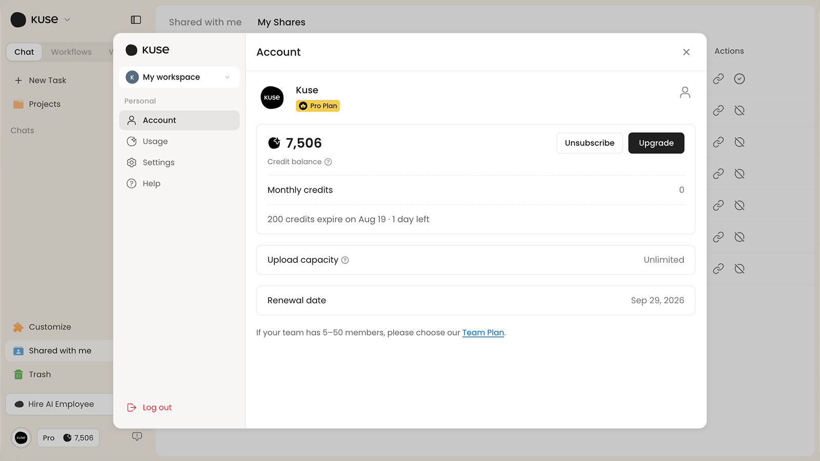 Pannello Account di Kuse con piano, saldo crediti, controlli dell'abbonamento, capacità di caricamento e data di rinnovo