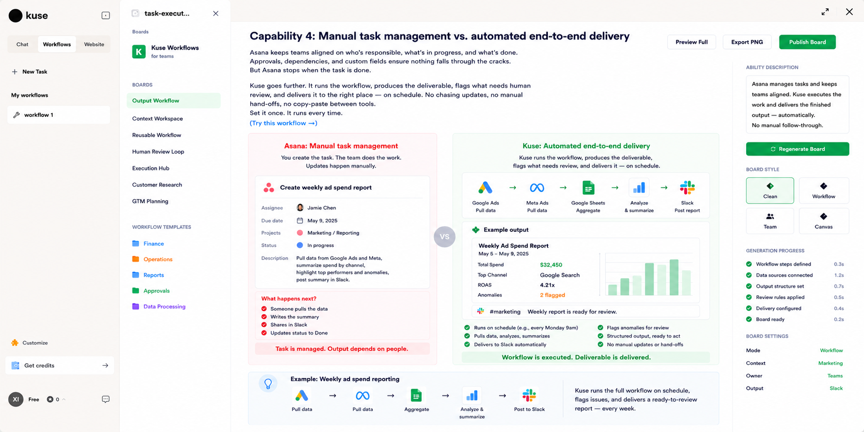 Asana offers prebuilt AI agents inside its platform. Kuse saves reusable team workflows that run on schedule across any combination of external tools.