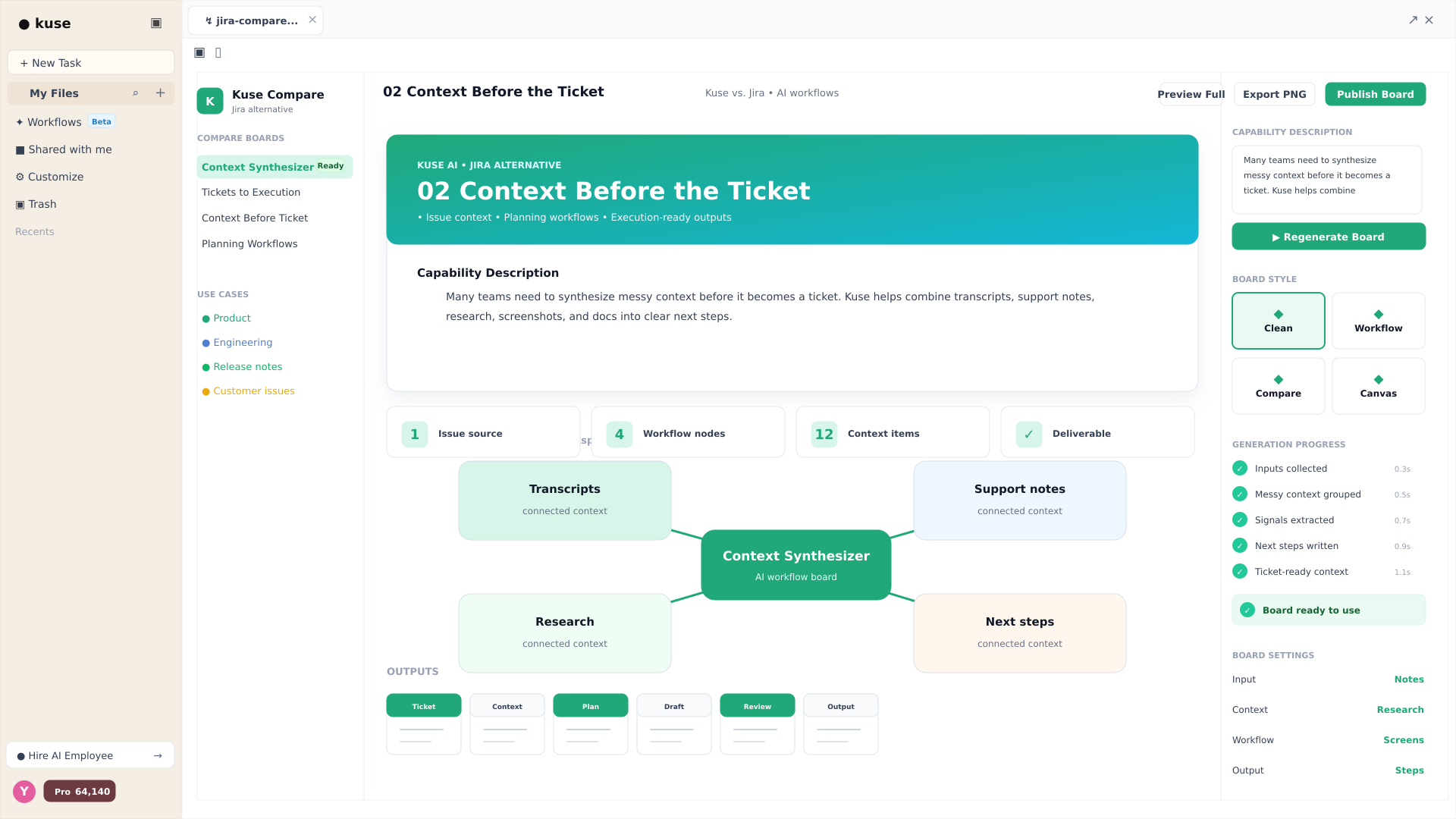 Kuse Context Synthesizer organizing transcripts, support notes, research, and next steps before a ticket