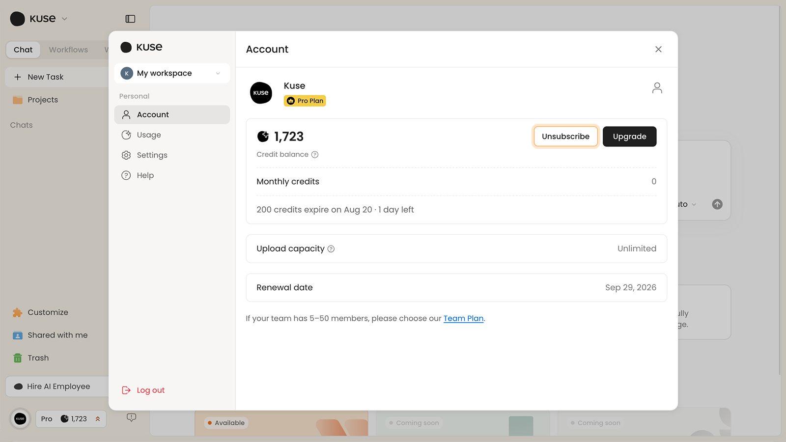現在のプラン、更新情報、Unsubscribeボタンを表示するKuseのAccount設定