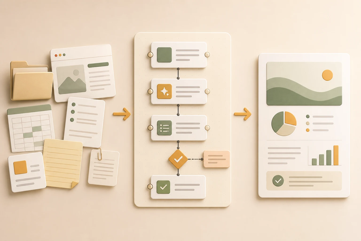 AI workflow builder connecting files, AI steps, review, and a finished report