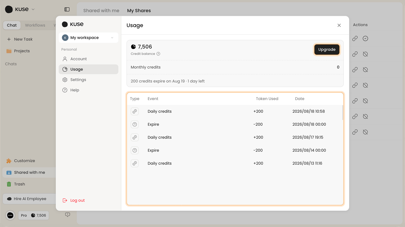 Pannello Usage di Kuse con saldo e cronologia recente dei crediti
