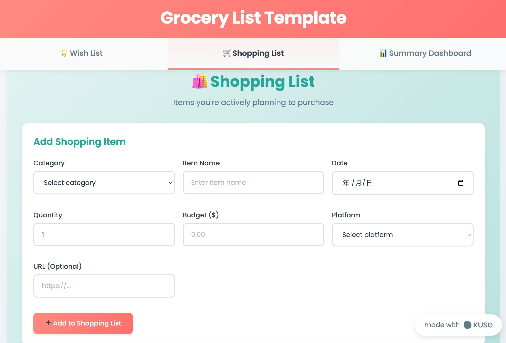 shopping list of grocery list template