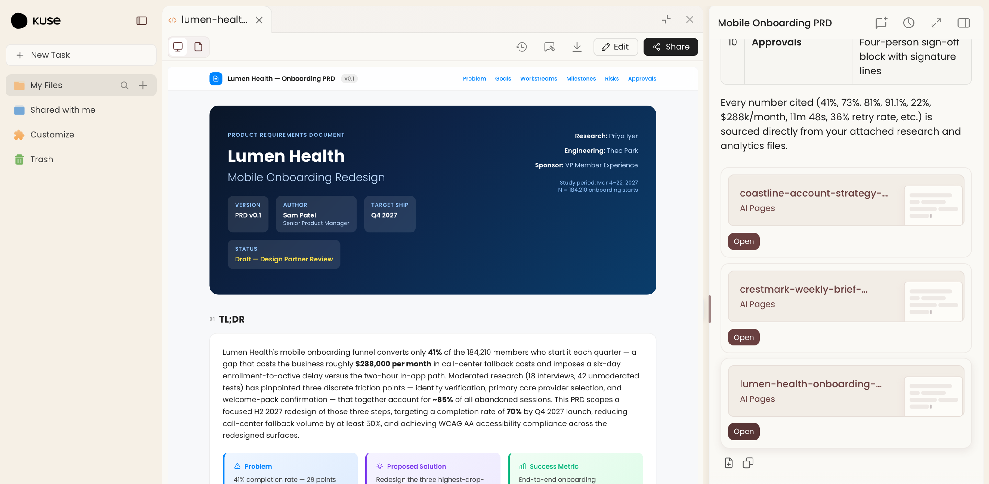 Kuse workspace showing a Lumen Health mobile onboarding PRD drafted by a product manager
