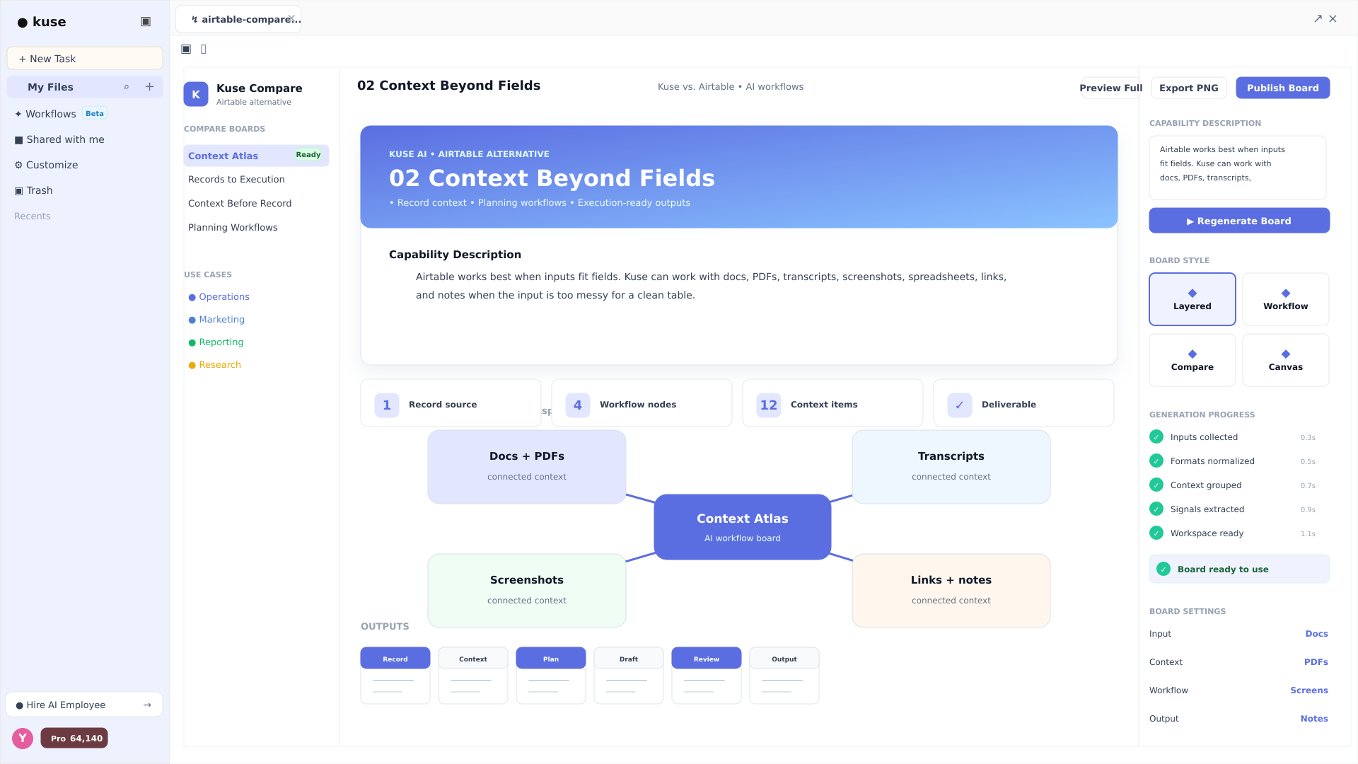 Kuse workspace connecting structured records with files, notes, links, and research context