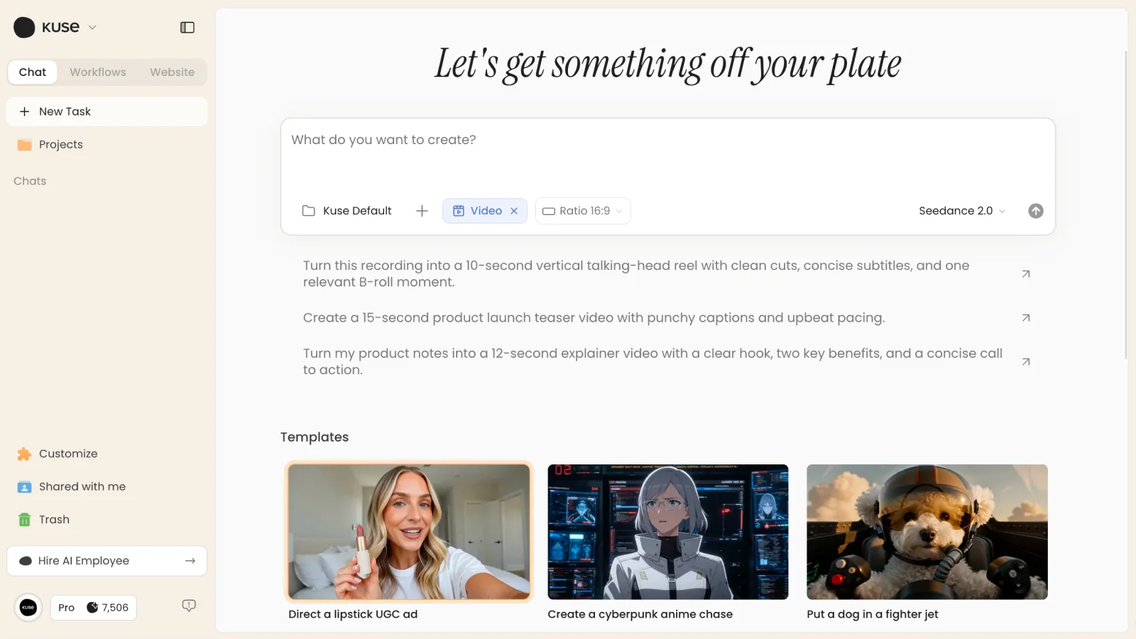 Kuse Video task showing three available video templates below the prompt