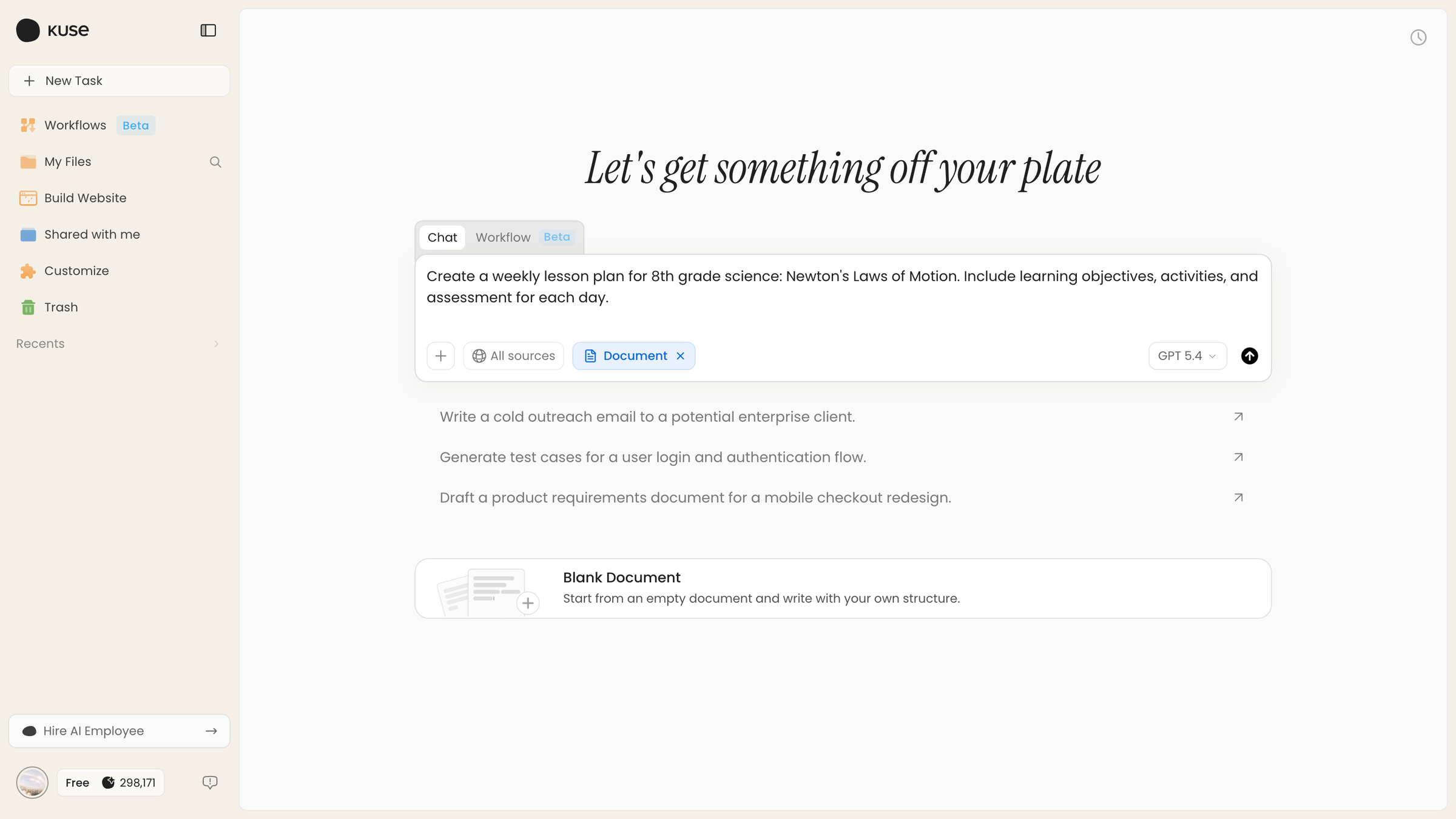Kuse chat interface with a lesson plan prompt being typed — ideal for teacher planning workflows