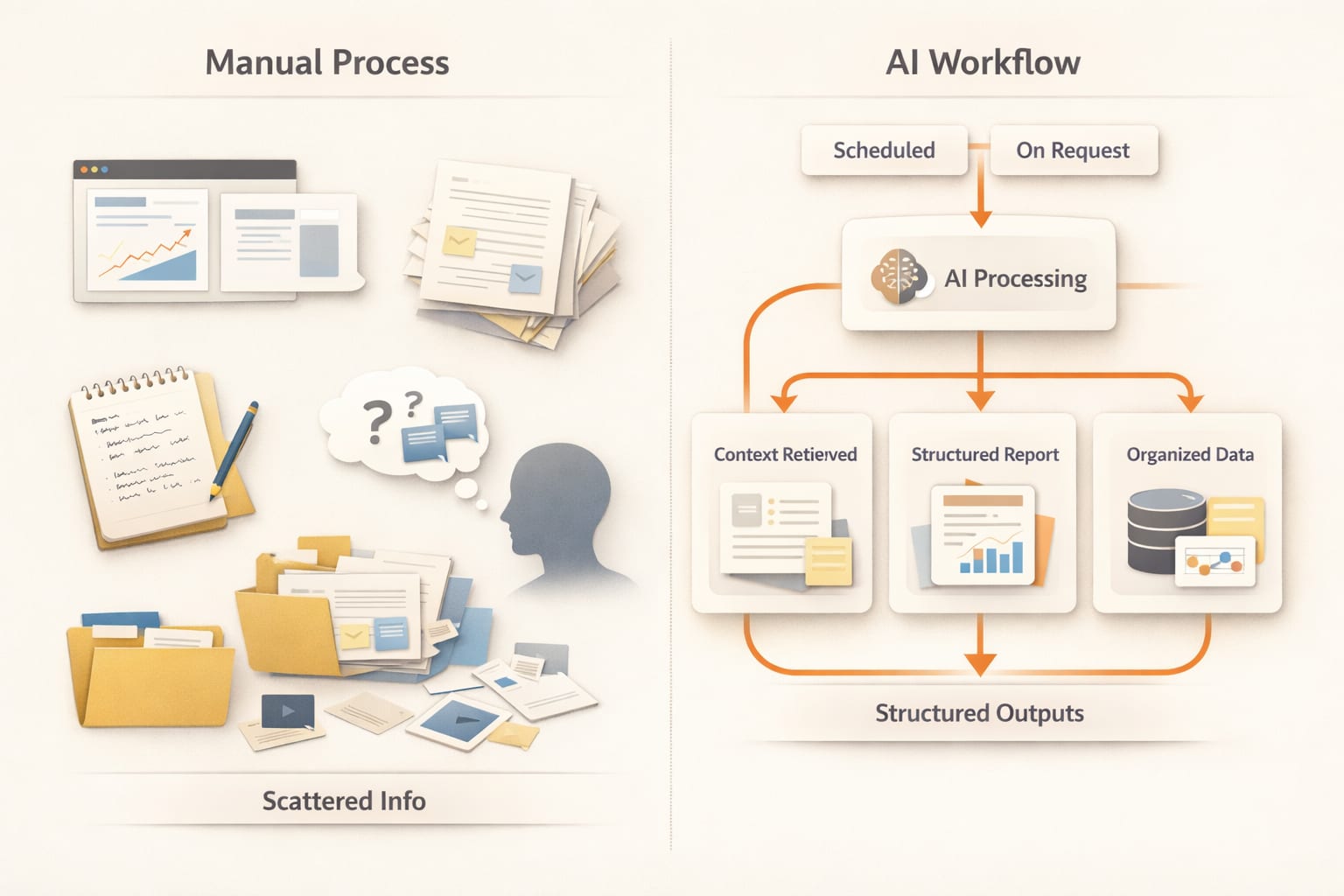 Manual work compared with AI workflow automation